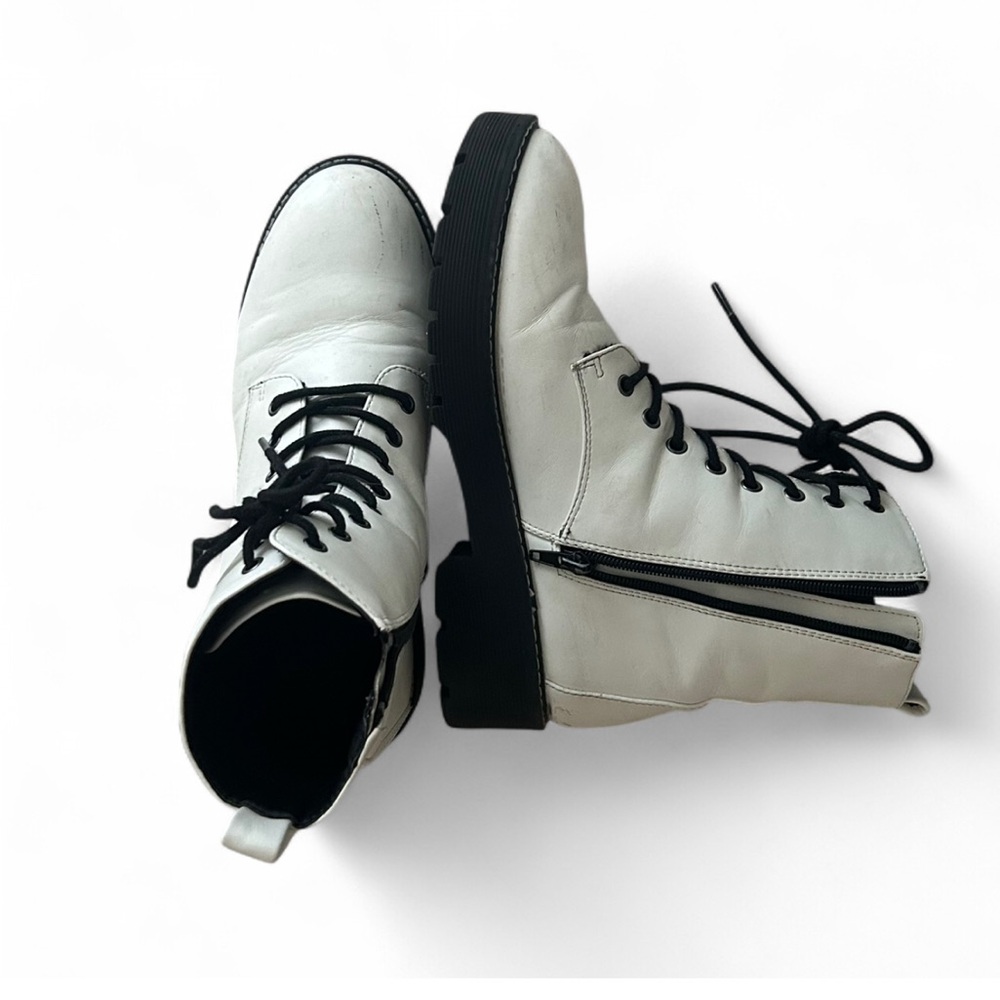 White Lace-Up Ankle Boots with Black Soles